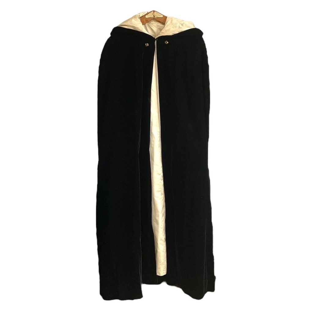 Vintage French Theatre Black Silk Velver Long Hooded Coat Cloak Cape Fancy Decor Display Prop France circa 1970s