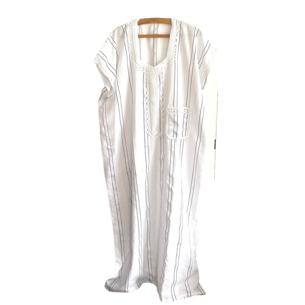 Vintage Moroccan Middle Eastern Style Kaftan Tunic Long White Black Pin Stripe Slip on Dress size L/XL 1990s