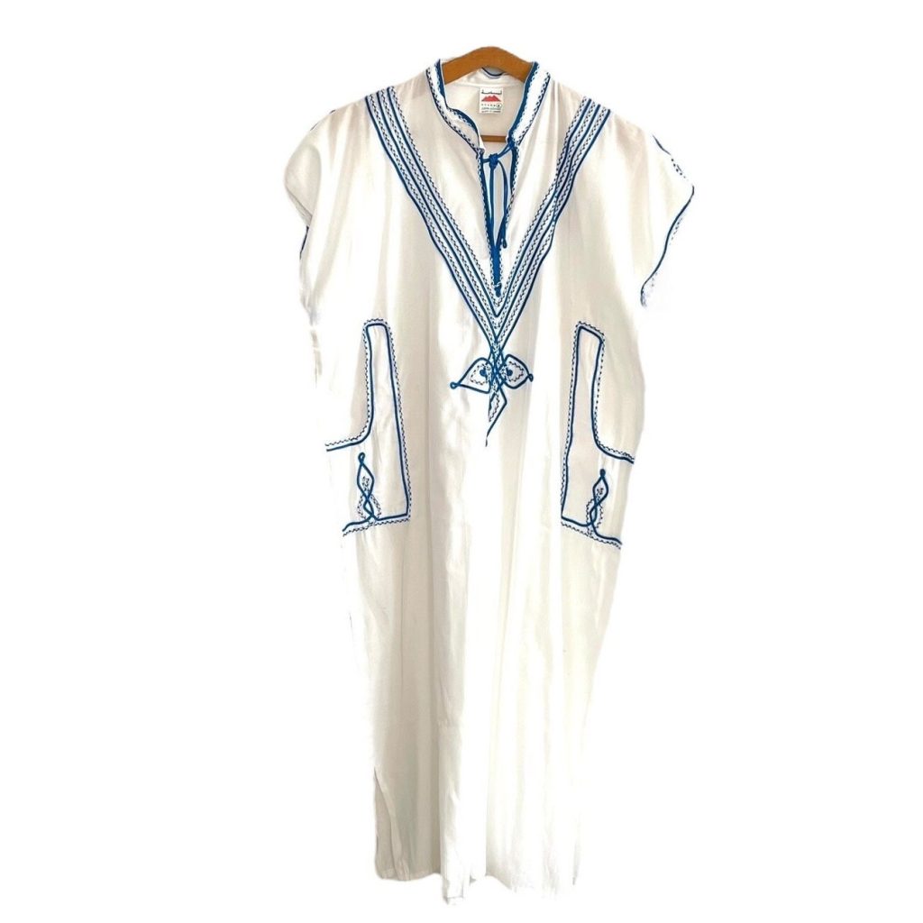 Vintage Egyptian Cotton White Kaftan Tunic Long White Blue Detailed Slip on Dress with Pockets size L 1990s