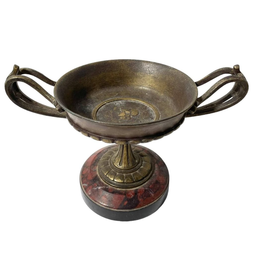 Antique French Metal Spelter Stone Base Handled Trophy Cup Bowl Dish Tarnish Patina c1880’s