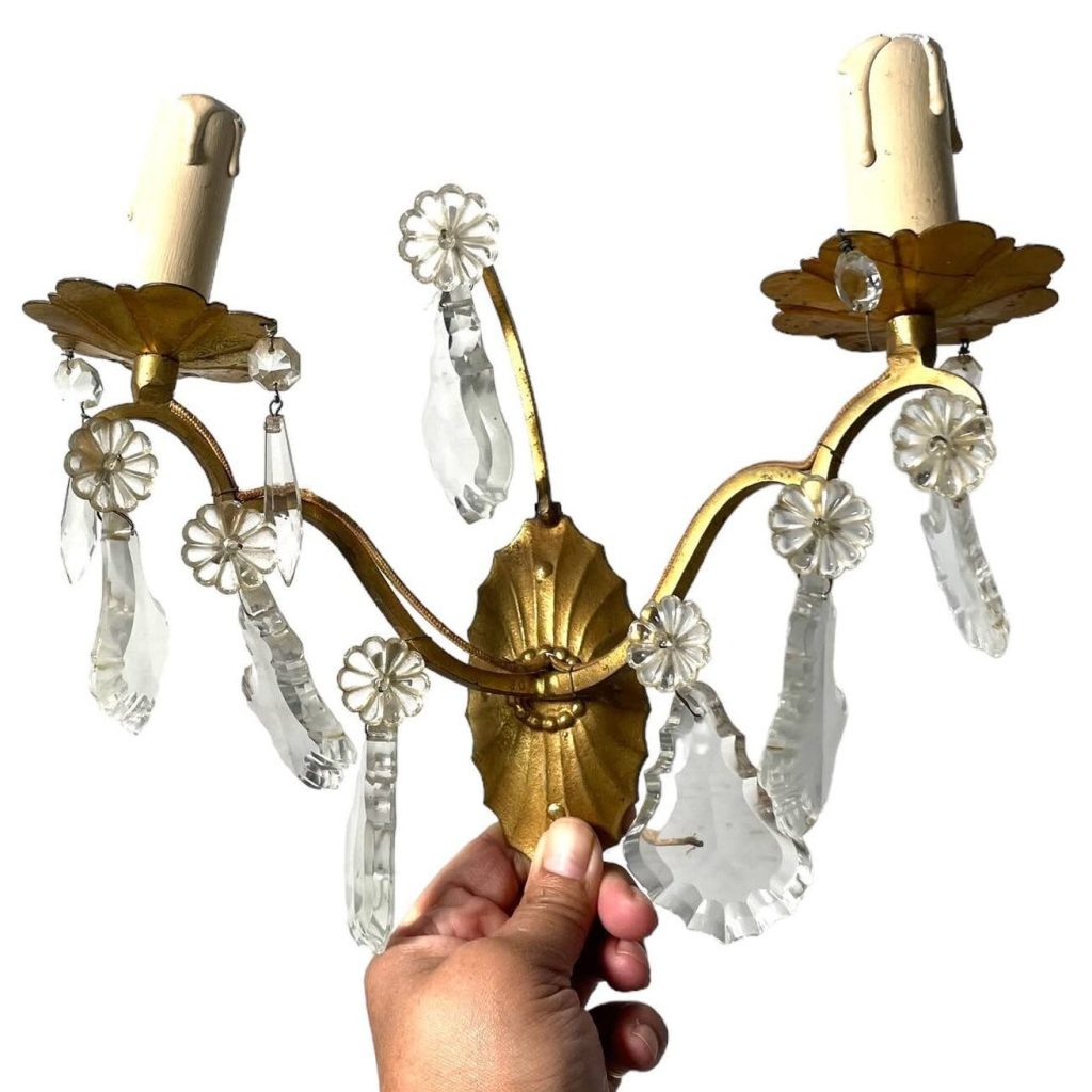 Vintage French Gold Coloured Metal Double Wall Sconce Light Lighting Electric Lamp Metal Period Lighting Prop c1950-60's