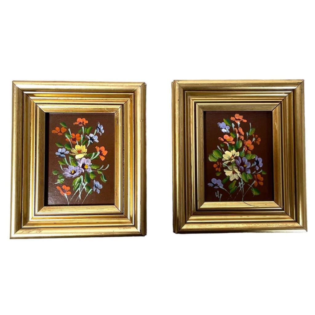 Antique French Pair Small Tiny Wild Flowers Oil Painting On Wood Board Wall Decor Decoration c1990-2000’s