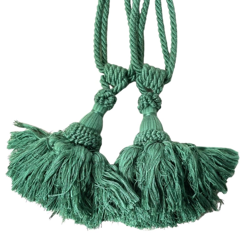 Vintage French Tassels Green Cotton Curtain Pullbacks Ties Tiebacks Curtains Large Tassel Tie Ribbons Rope REPAIRS NEEDED 1980’s