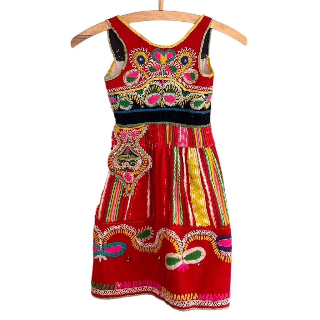 Vintage Eastern European Red Colorful Handmade Wool Dress Girl Traditional Folk Costume circa 5 year old circa 1970s