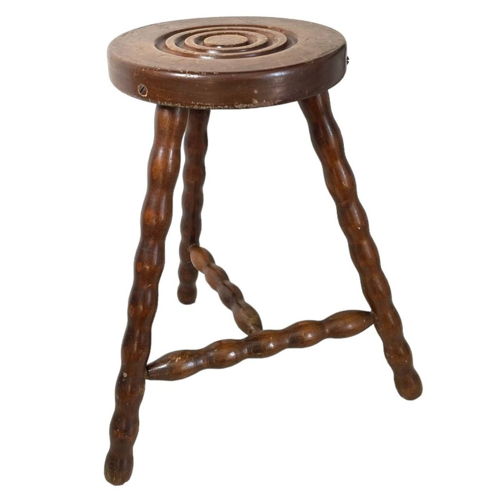 Vintage French Stool Chair Seat Wooden Milking Kitchen Round Shaped Seat Braced Bobbin Leg Plant Rest Stand Plinth Tabouret c1950-60’s