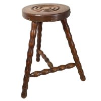 Vintage French Stool Chair Seat Wooden Milking Kitchen Round Shaped Seat Braced Bobbin Leg Plant Rest Stand Plinth Tabouret c1950-60's
