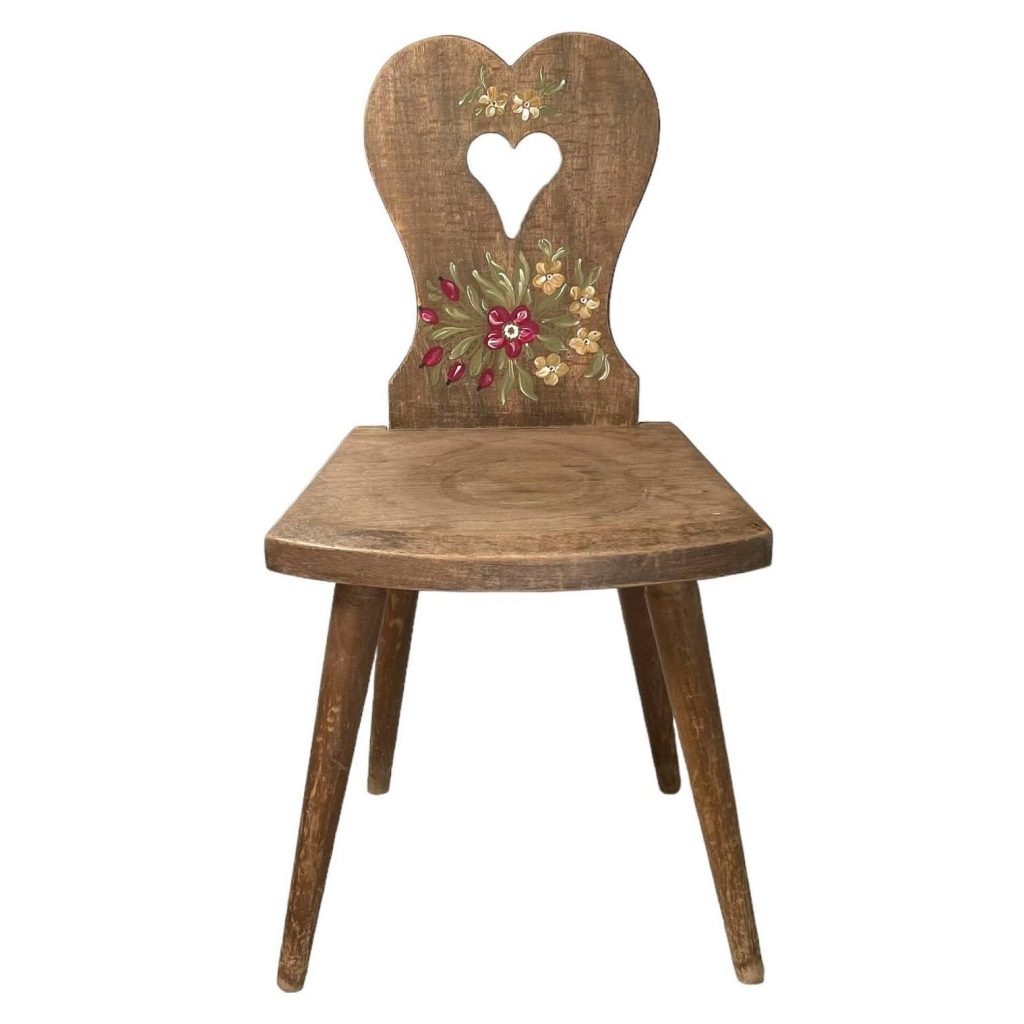 Vintage French Small Heart Hand Painted Childs Chair Table Wooden Wood Seat Step Side Stand Flower Pot Display Tabouret c1950-60’s