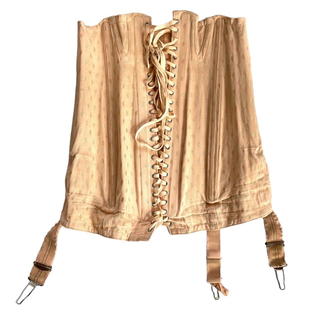 Vintage French Corset Pink Waist Suspender Belt Burlesque Female Underwear Undergarment Girdle Garters Pin Up Lingerie circa 1940s