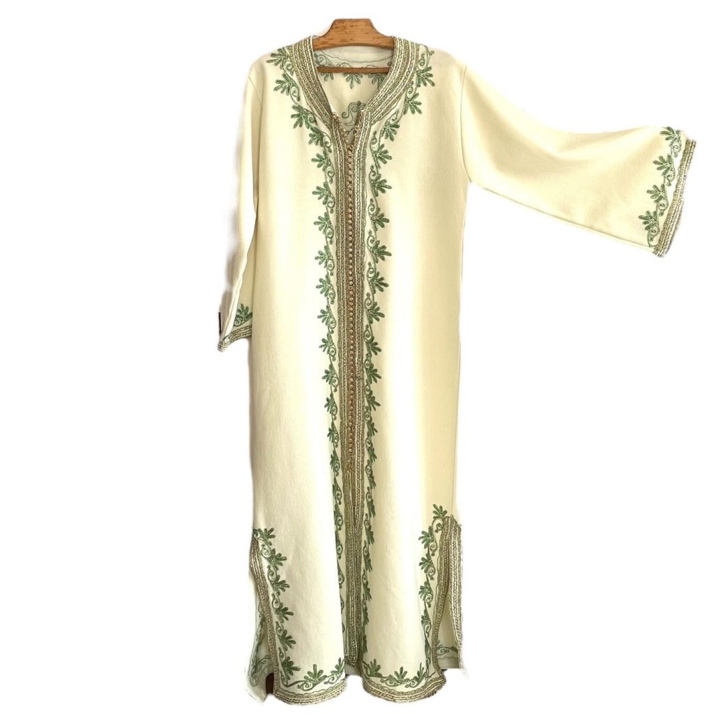 Vintage Indian Moroccan Middle Eastern Style Kaftan Tunic Long Cream Green Gold Slip on Dress Display Prop Theatre 1980-90s
