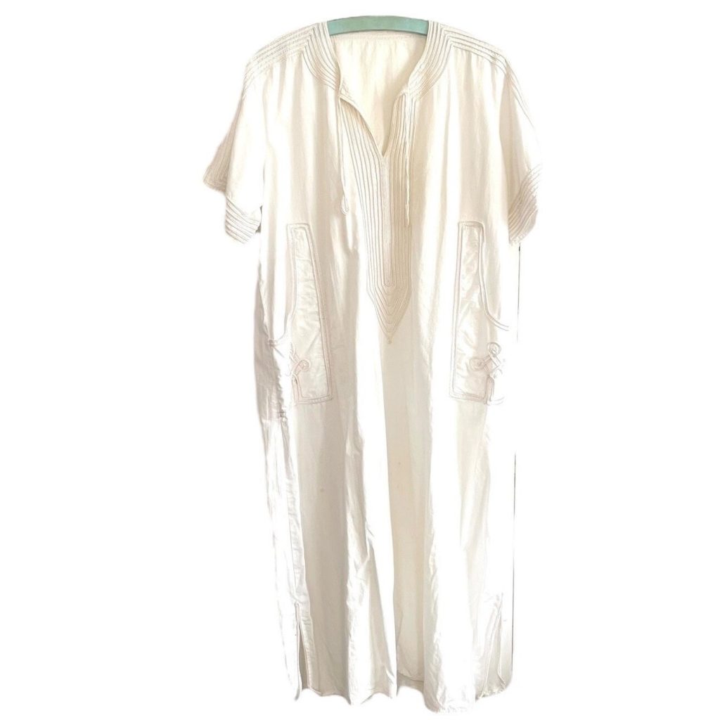 Vintage Moroccan Middle Eastern Style Kaftan Tunic Long White with Pockets Slip on Dress size L/XL 1990s