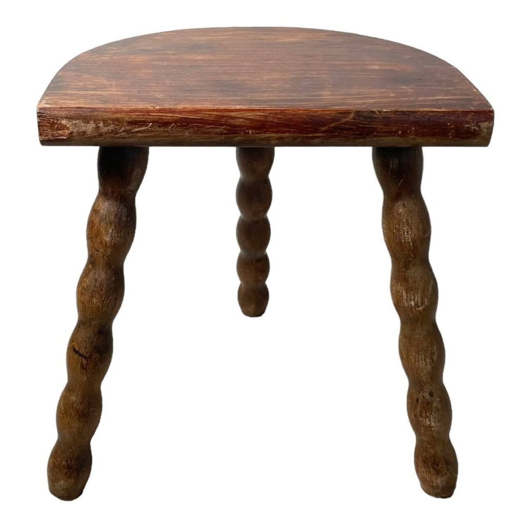 Vintage French Wooden Bobbin Leg Milking Stool Chair Seat Table Farm D Shaped Seat Plant Rest Stand Plinth Tabouret c1970's