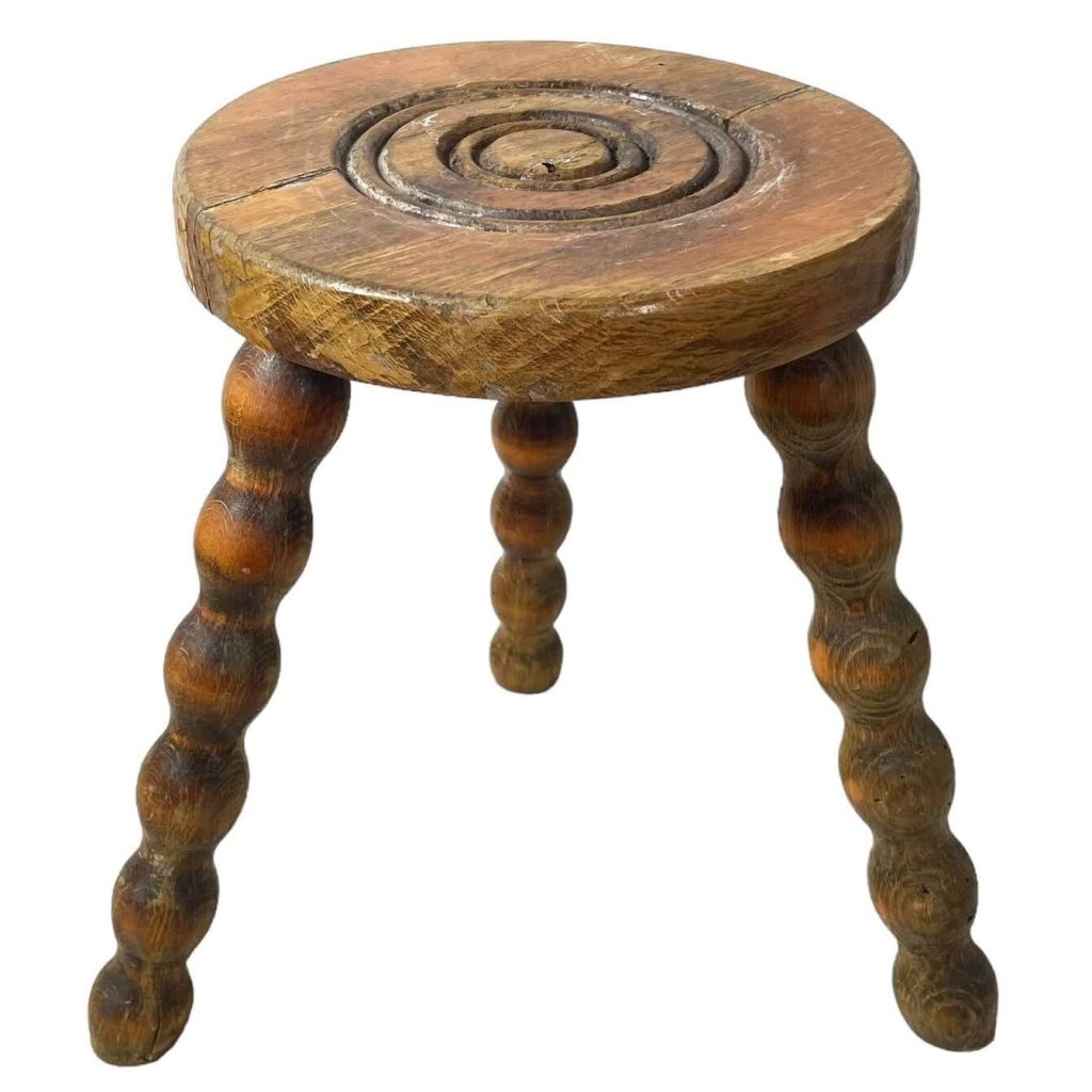 Stool Vintage French Traditional Worn Weathered Damaged Milking Stool Small Chair Stand Bobbin Leg Rest Plinth Plant Tabouret c1970’s