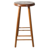 Vintage French Tall Stool Chair Seat Wooden Kitchen Round Shaped Seat Braced Leg Plant Rest Stand Plinth Tabouret c1970's