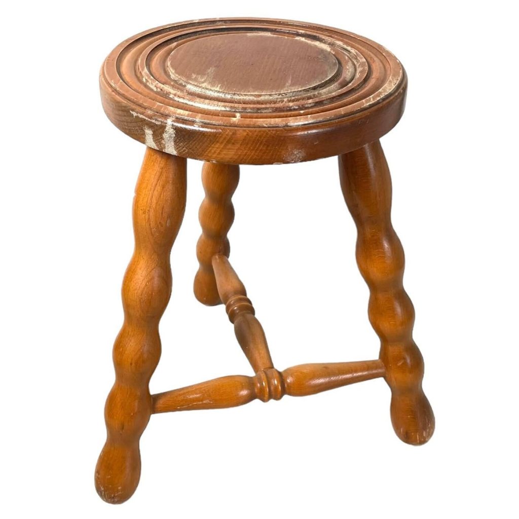 Vintage French Stool Chair Seat Wooden Milking Kitchen Round Shaped Seat Braced Bobbin Leg Plant Rest Stand Plinth Tabouret c1970’s