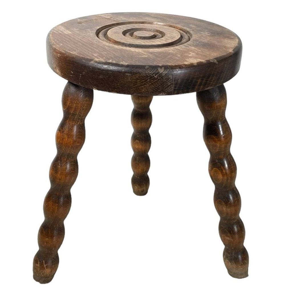 Stool Vintage French Bobbin Style Leg Chair Round Circular Seat Wooden Milking Kitchen Table Plant Rest Stand Plinth Tabouret c1960’s