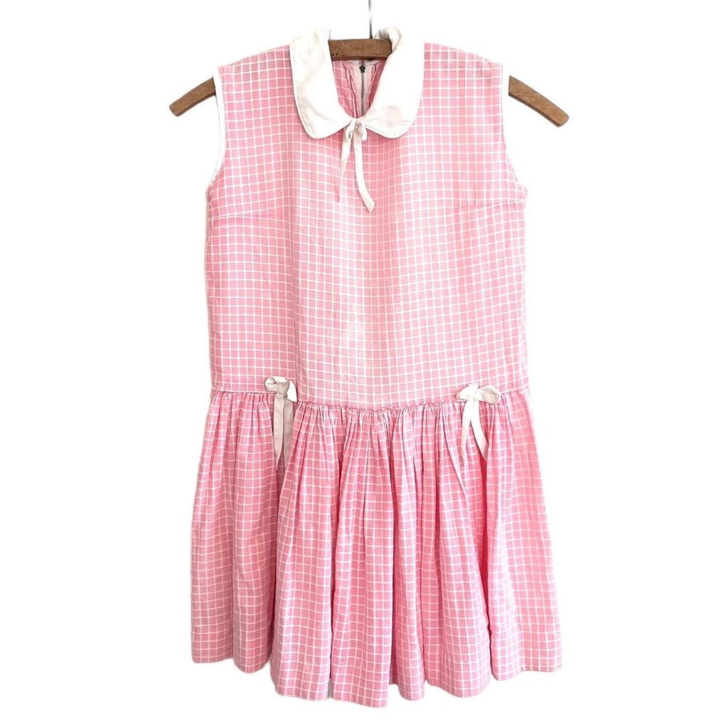 Vintage French Pink Gingham Dress White Collar and Bows circa 8 year old 1950s