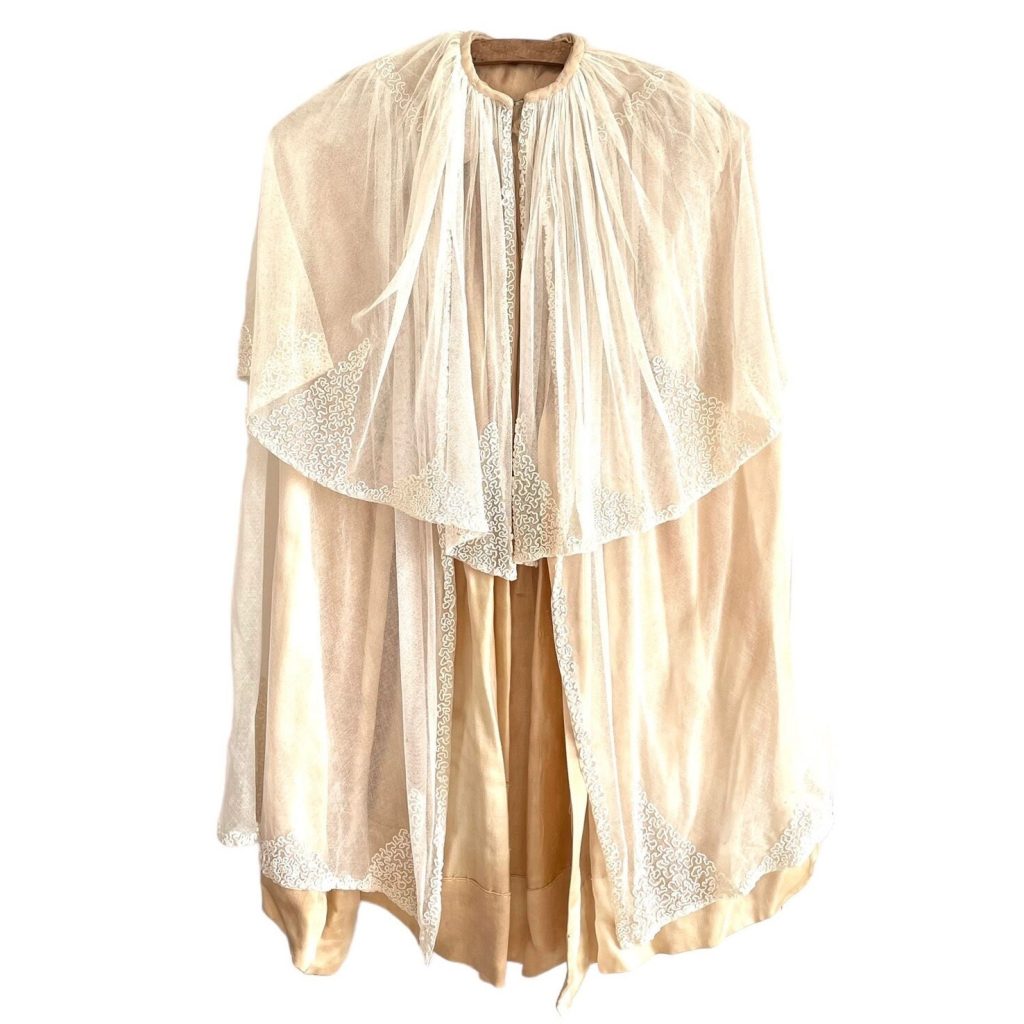 Vintage French Baby Christening Gown Cape Robe Handmade Lace Soft Dyed Silk Hook and Eye Closing circa 1960s
