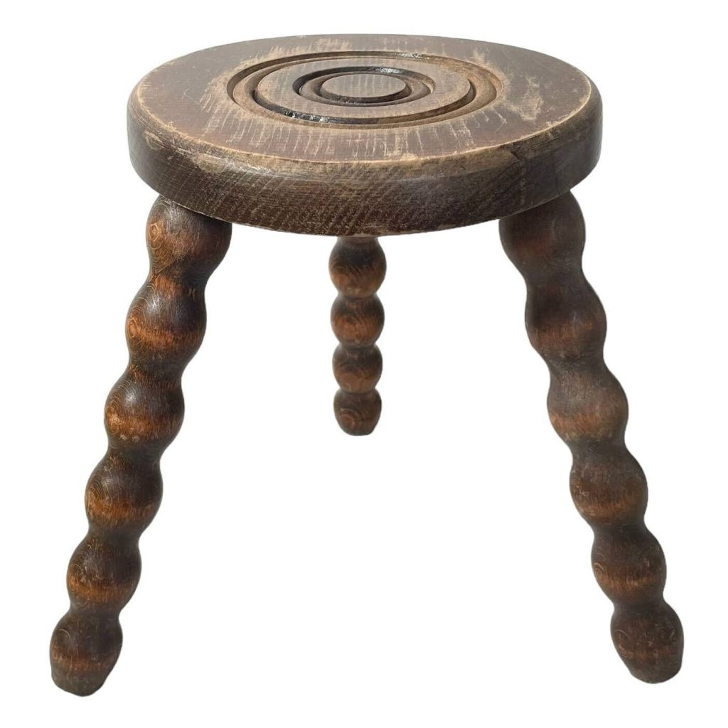 Stool Vintage French Chair Seat Wooden Milking Kitchen Table Round Shaped Seat Bobbin Leg Plant Stand Plinth Tabouret c1960-70’s