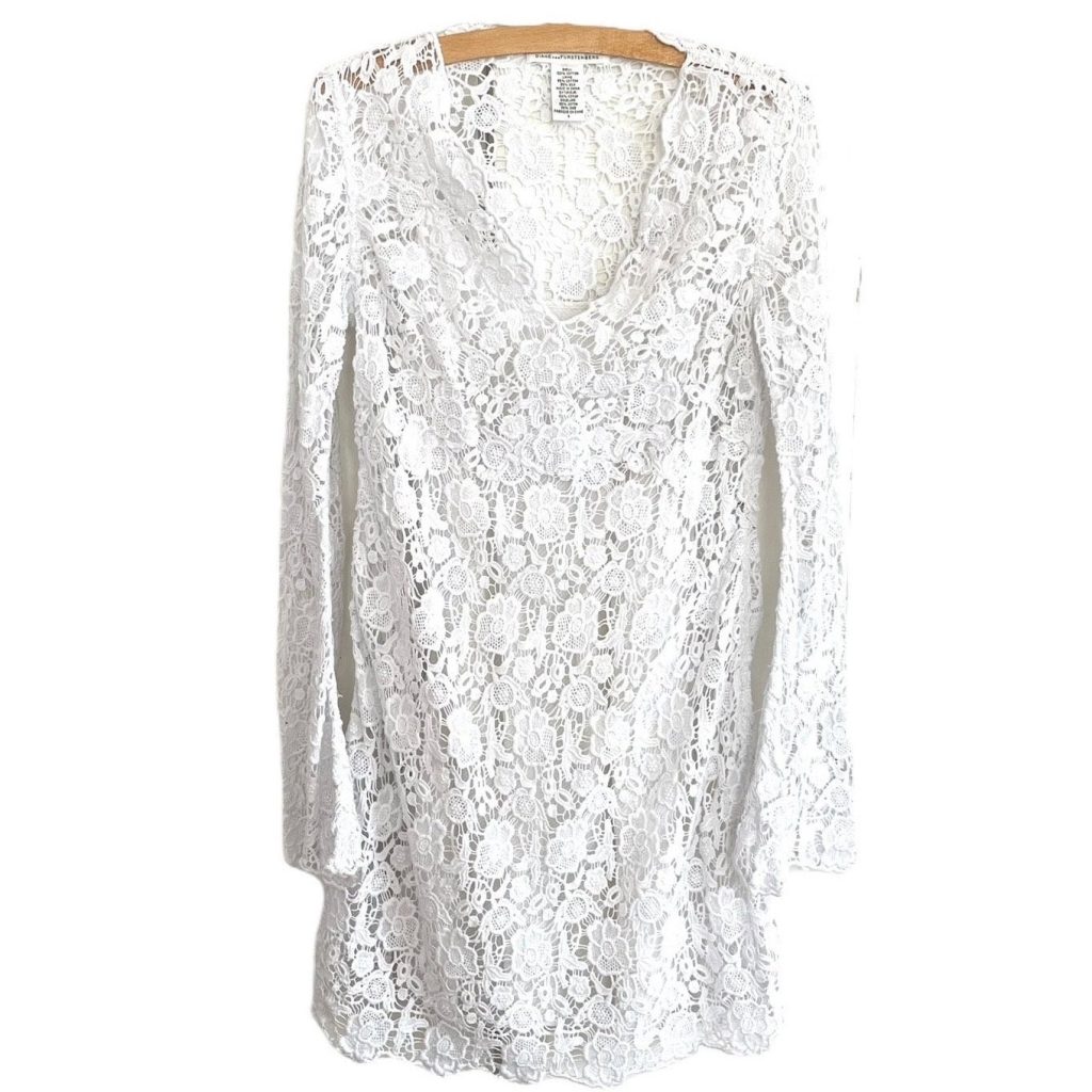 Vintage USA white lace dress Diane von Furstenberg with underpinning attached size M 1990s