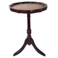 Vintage French Wooden Wood Brown Leather Top Small Low Side Table Plinth Stand Display Plant Pot Ornament Circular Tabouret c1970's