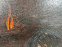 Alternative view of Vintage French "Le Sphynx" Acrylic Painting On Hardboard Wall Decor Decoration Portrait Woman Open Fire Dark c1961