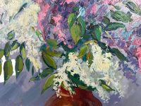 Alternative view of Vintage French Abstract Oil Painting Flowers Conch Shell On Canvas White Pink Blue circa 1970's / EVE