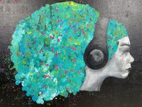 Alternative view of Vintage French "Tuned Out" Acrylic Painting On Canvas Wall Decor Decoration Portrait Woman Headphones c2000