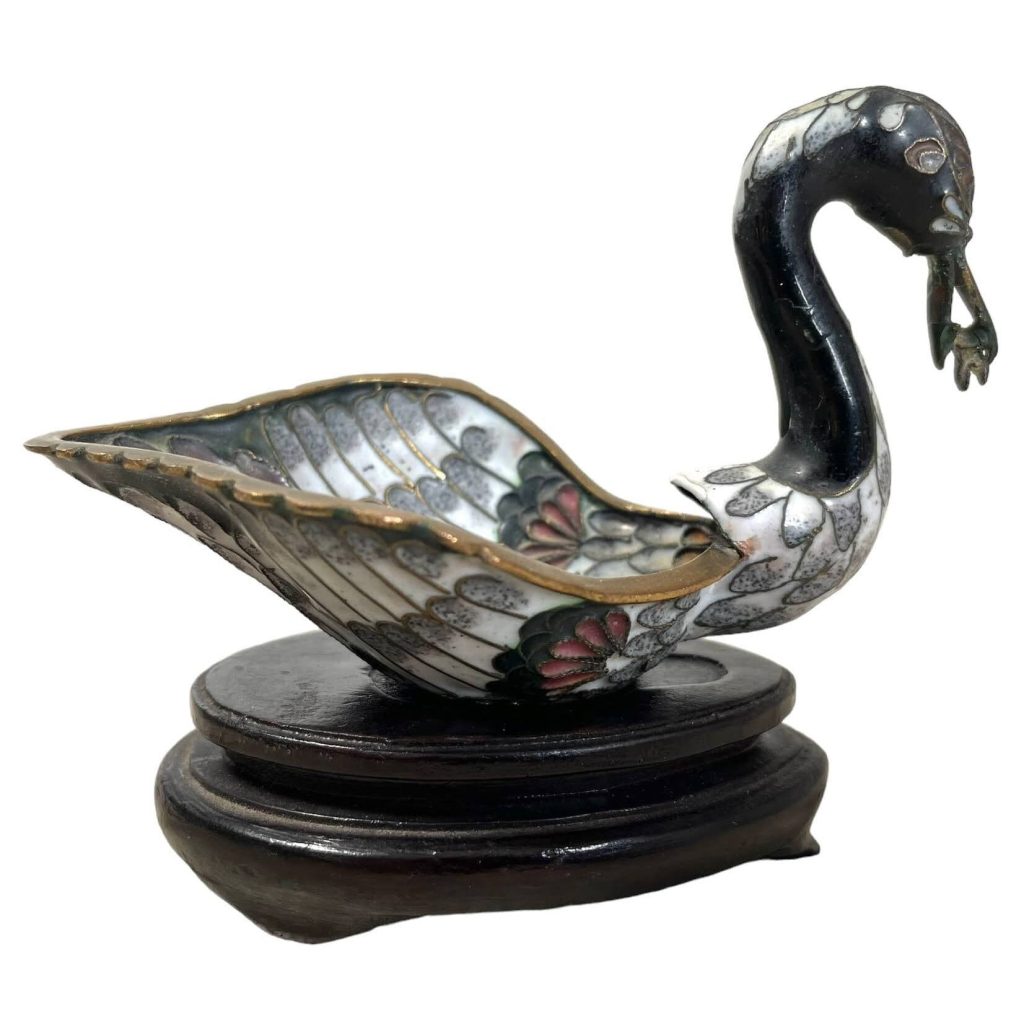 Vintage Chinese Bronze Brass Metal Black Cloisonne Swan Ornament Figurine Display c1950-60’s