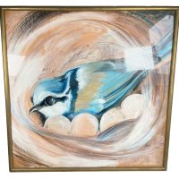 Vintage French Large Framed Crayon Pastel Drawing Painting "Mesange Bleue" Blue Tit Nesting Nest Bird Signed circa 1991