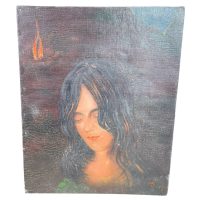 Vintage French "Le Sphynx" Acrylic Painting On Hardboard Wall Decor Decoration Portrait Woman Open Fire Dark c1961