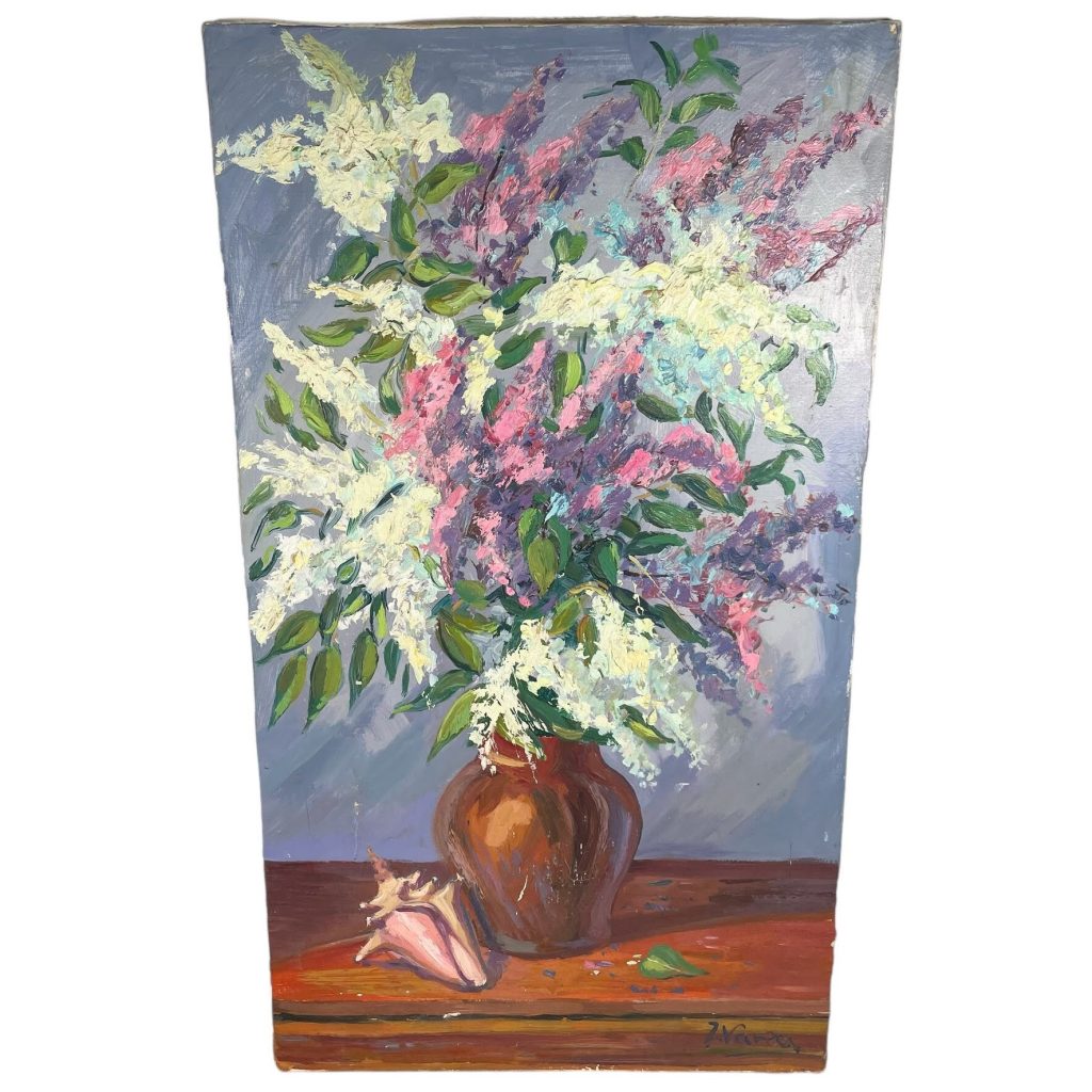 Vintage French Abstract Oil Painting Flowers Conch Shell On Canvas White Pink Blue circa 1970's / EVE