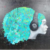 Vintage French "Tuned Out" Acrylic Painting On Canvas Wall Decor Decoration Portrait Woman Headphones c2000