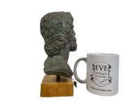 Alternative view of Vintage Greek Askupios Neocine Bronzed Plaster Wood Stand Bust Head Ornament Figurine Display Gift c1980's