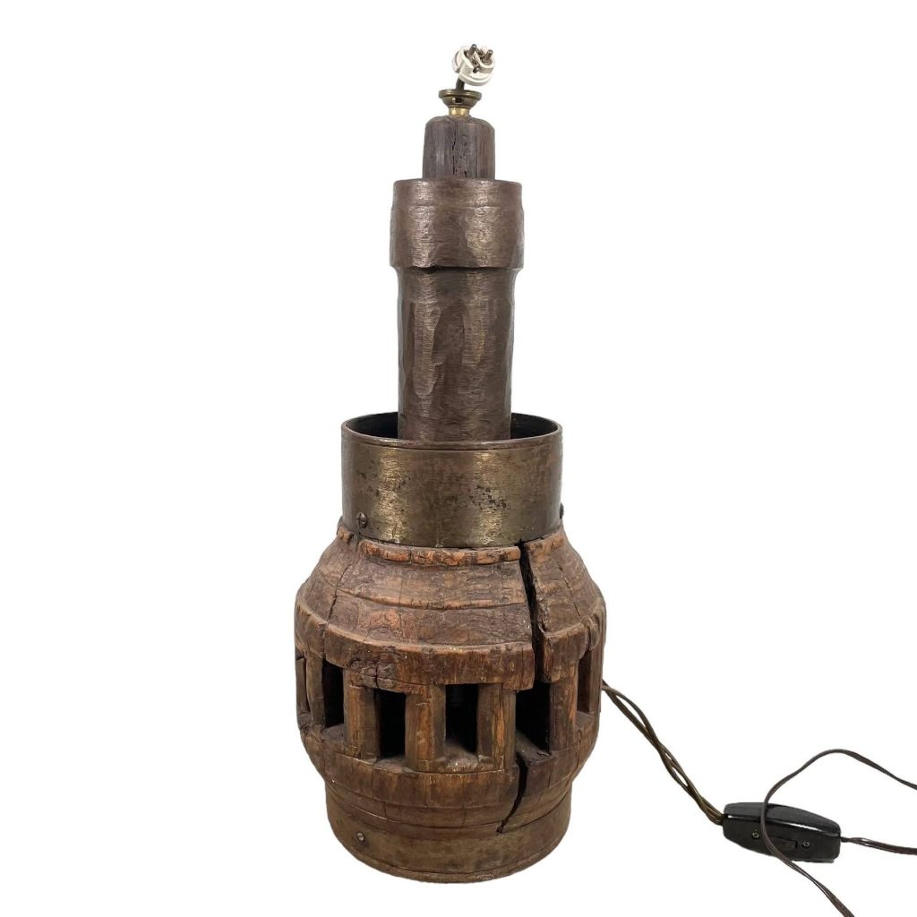 Antique French Floor Or Desk Standing Repurposed Ancient Wagon Wheel Hub Electric Lamp Wooden Period Lighting Prop Display c1900's