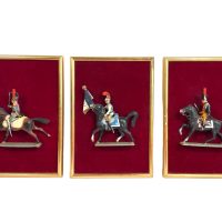 Vintage French Wooden Framed 1800's Model Soldier On Horseback Wall Mounted Display Set Of Three circa 1970's