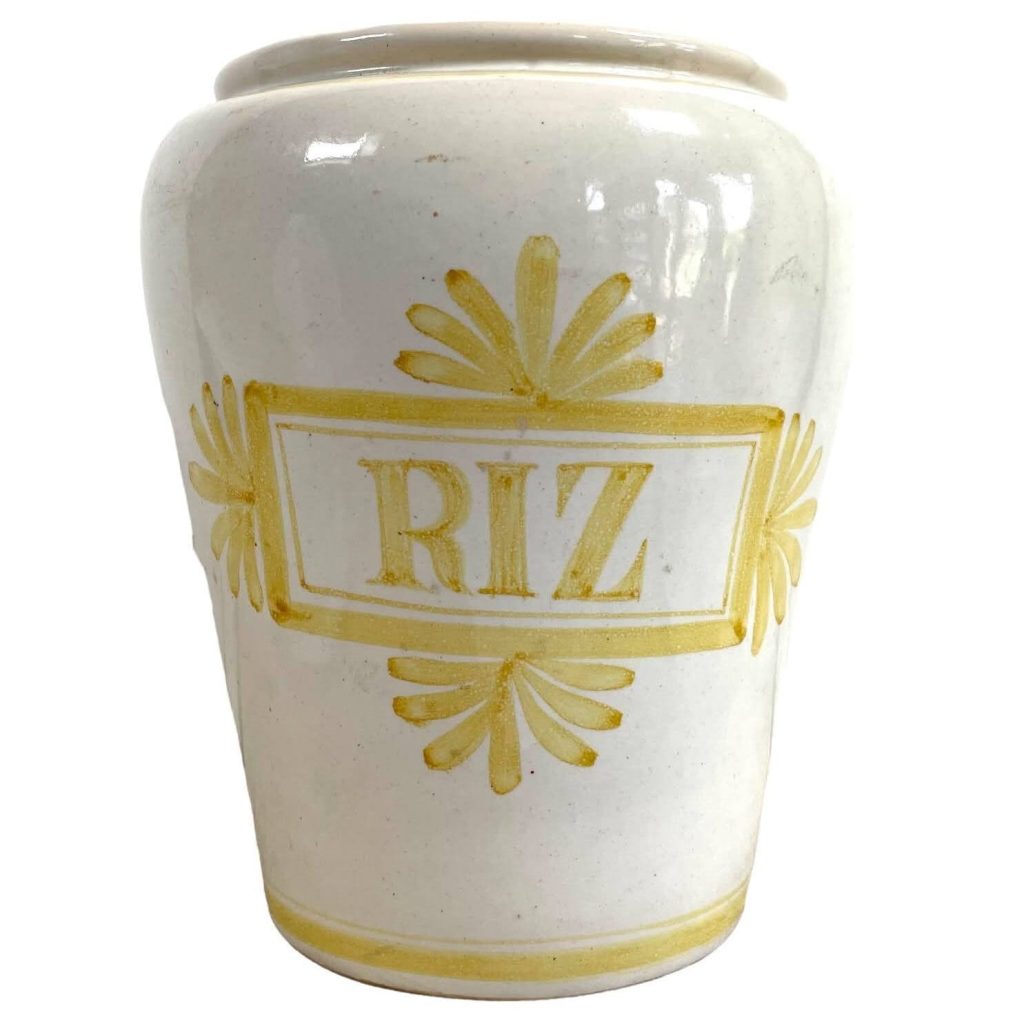 Antique French Riz Rice Yellow White Faience Pottery Pot Vase Container Storage Prop c1900’s