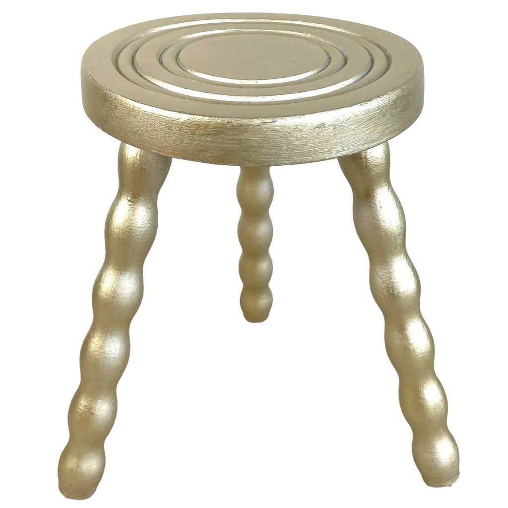 Vintage French Gold Country Cottage Stool Bobbin Style Turned Leg Table Wooden Wood Chair Seat Stand Pot Display Tabouret c1960-70’s