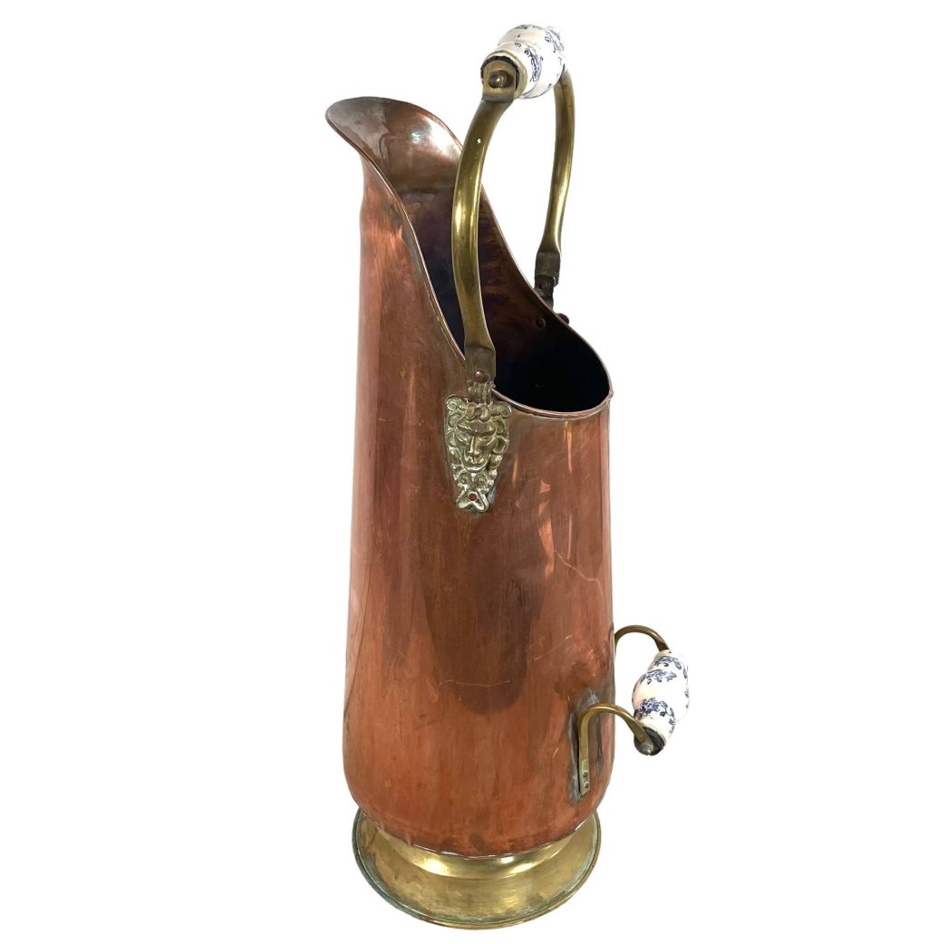 Vintage French Copper Brass Ceramic Metal Coal Shuttle bucket fireplace fire place furniture umbrella stick stand c1970-80's Europe