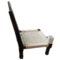 Alternative view of Vintage Indian Folding Wedding Chair Wooden Brown Natural Wood Woven String Stool Chair Stand Rest Seating Prop circa 1970's