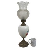 Alternative view of Antique French Ceramic Glass Art Deco Table Lamp Electric Bulb Lamp Adapted Oil Lamp circa 1910s