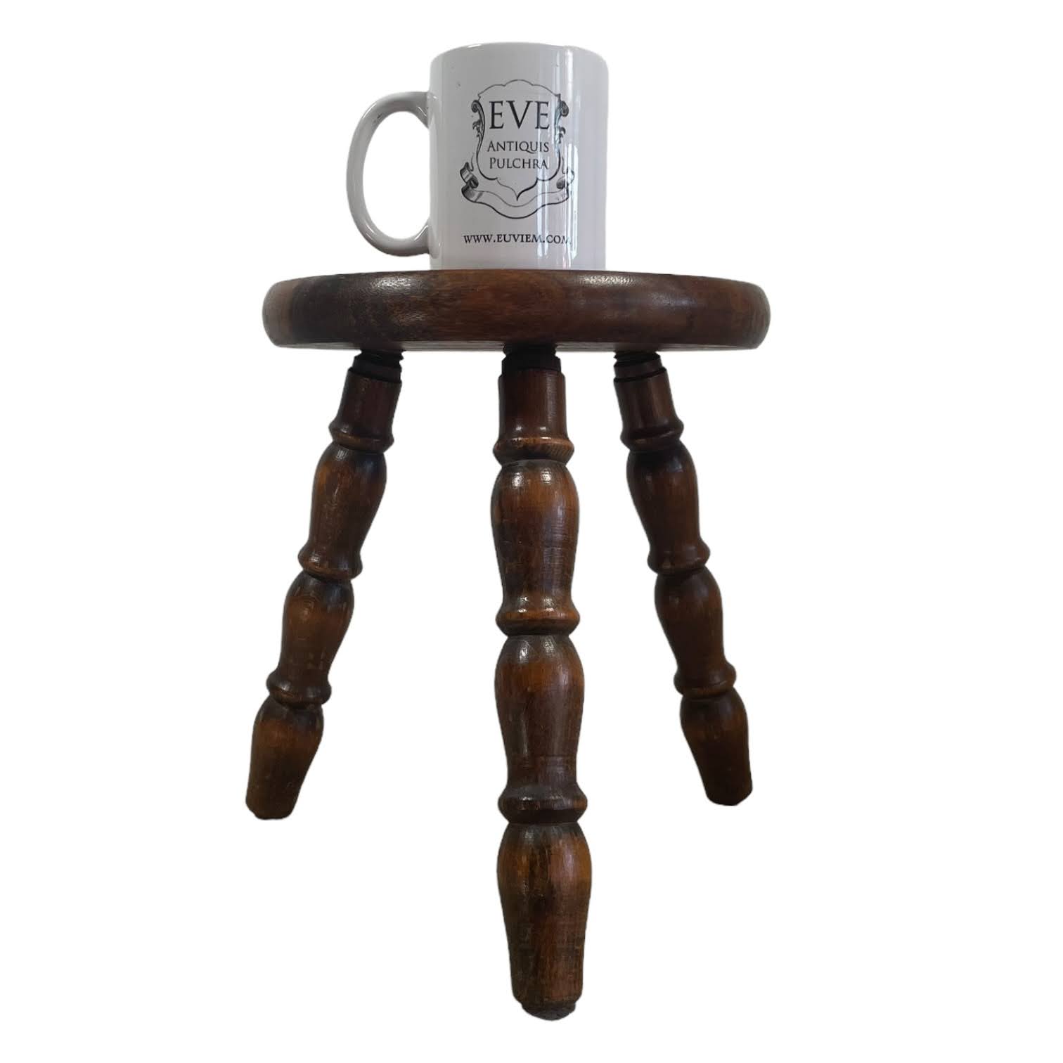 Vintage French Turned Leg Small Stool Table Wooden Wood Chair Seat Side Stand Flower Pot Display Shelf Prop Tabouret circa 1970’s 2 Vintage French Turned Leg Small Stool Table Wooden Wood Chair Seat Side Stand Flower Pot Display Shelf Prop Tabouret circa 1970's - Image 2