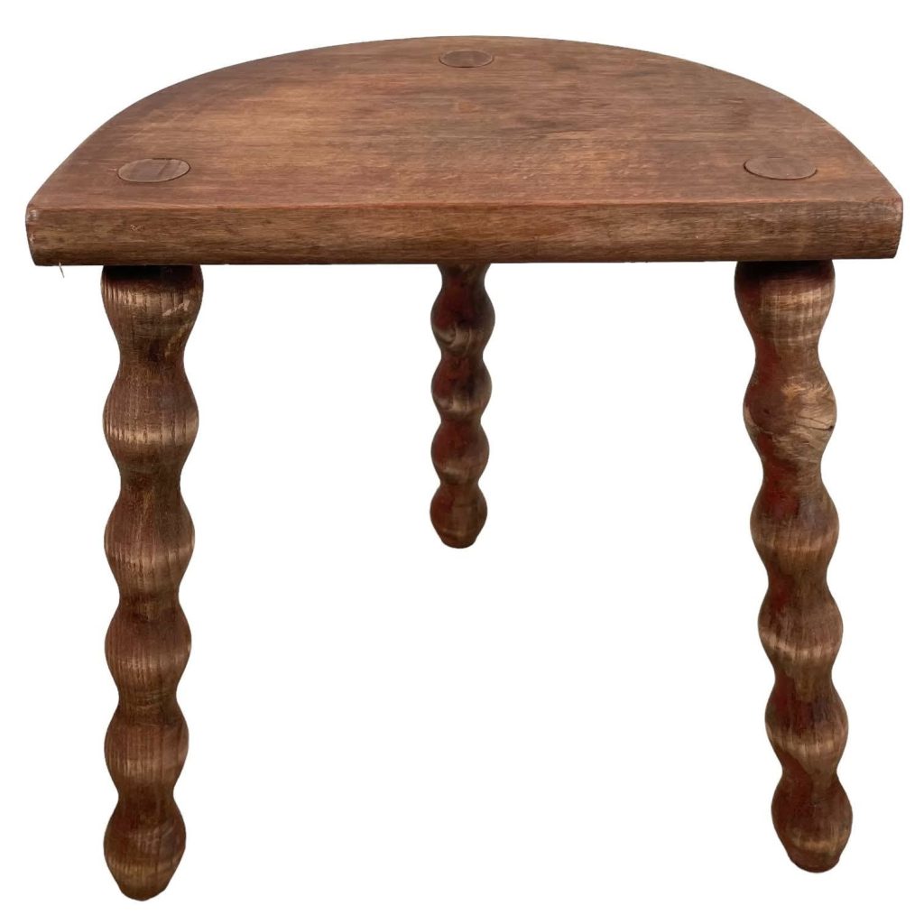 Vintage French Wooden Tripod Bobbin Leg Milking Stool Chair Seat Table Farm D Shaped Seat Plant Rest Stand Plinth Tabouret c1960's