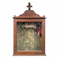 Antique French Wood Wooden Religious Cross Cabinet Case Display Ornament Storage Box Wedding Crown Bonnet Decor c1900's