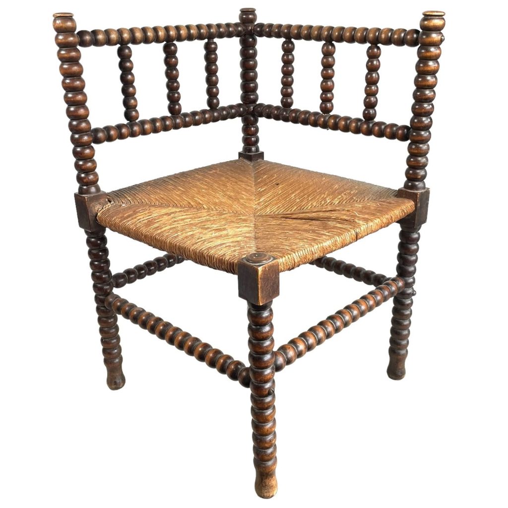 Antique French Corner Chair Woven Raffia Seat Wooden Rest Seating Damaged Display c1920-30's