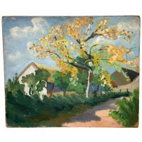 Vintage French House On River Town Village Original Oil Painting On Hardboard Wall Decor Signed Dinabet circa 1950-60's