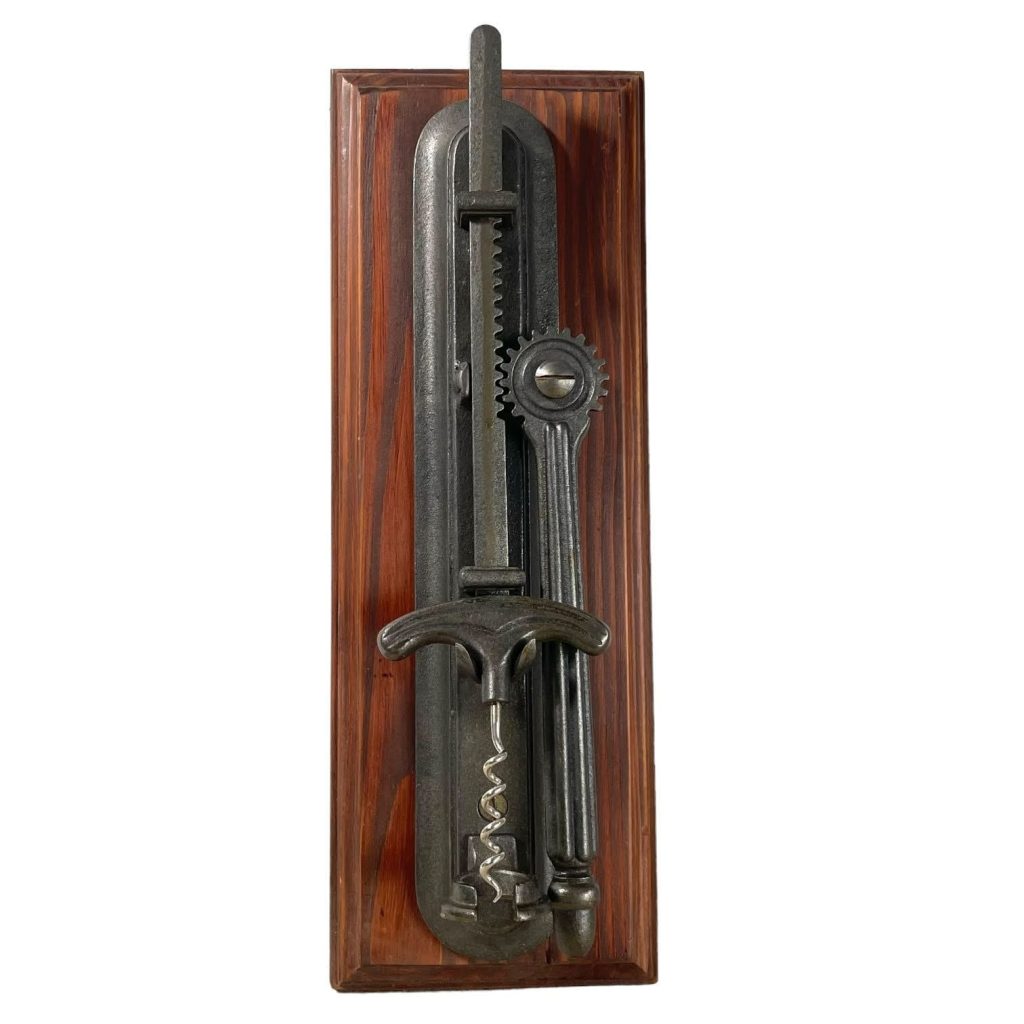Vintage French Wall Mounted Metal Wooden Corkscrew Cork Puller Bottle Opener Bar Cafe Restaurant Decor circa 1990's