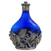 Vintage Chinese Pewter Metal Wrapped Blue Glass Perfume Bottle Holder Apothecary Potion Medicine c1980's