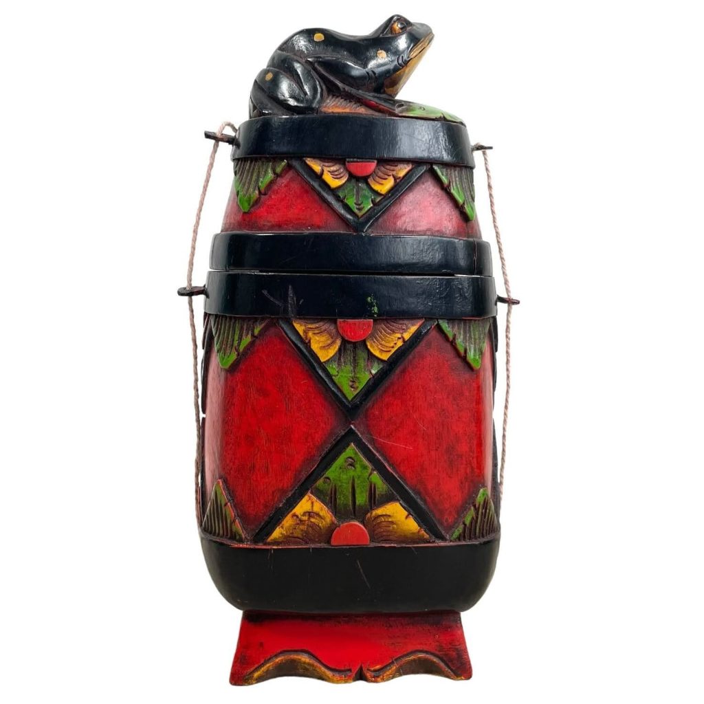 Vintage Indonesian Hand Carved Made Head Bust Frog Wooden Wood Medicine Storage Box With Lid Tribal Decor circa 1980-90's