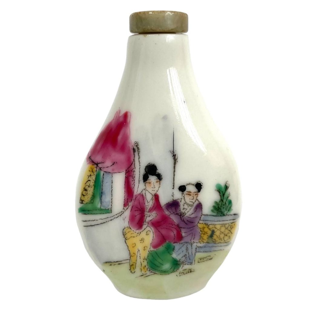 Vintage Chinese Snuff Smelling Salts Hand Painted Small Bottle Holder White Apothecary Potion Traditional Medicine c1970-1980's