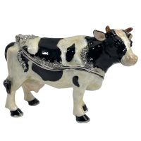 Vintage Decorated Dairy Cow Enamelled Metal Rhinestone Decorated Gift Trinket Jewellery Jewelry Box Storage Table Decoration c2000